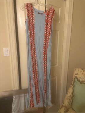 Light Blue Maxi Dress with Coral Geometric Trim